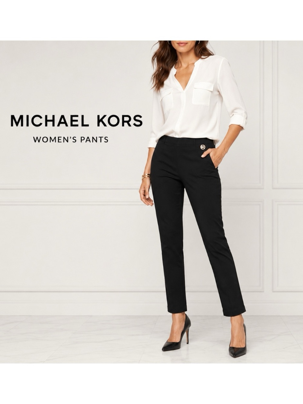 Michael Kors Viscose Blend Tapered Ankle Length Pants w/ Gold MK, Black, Size S
